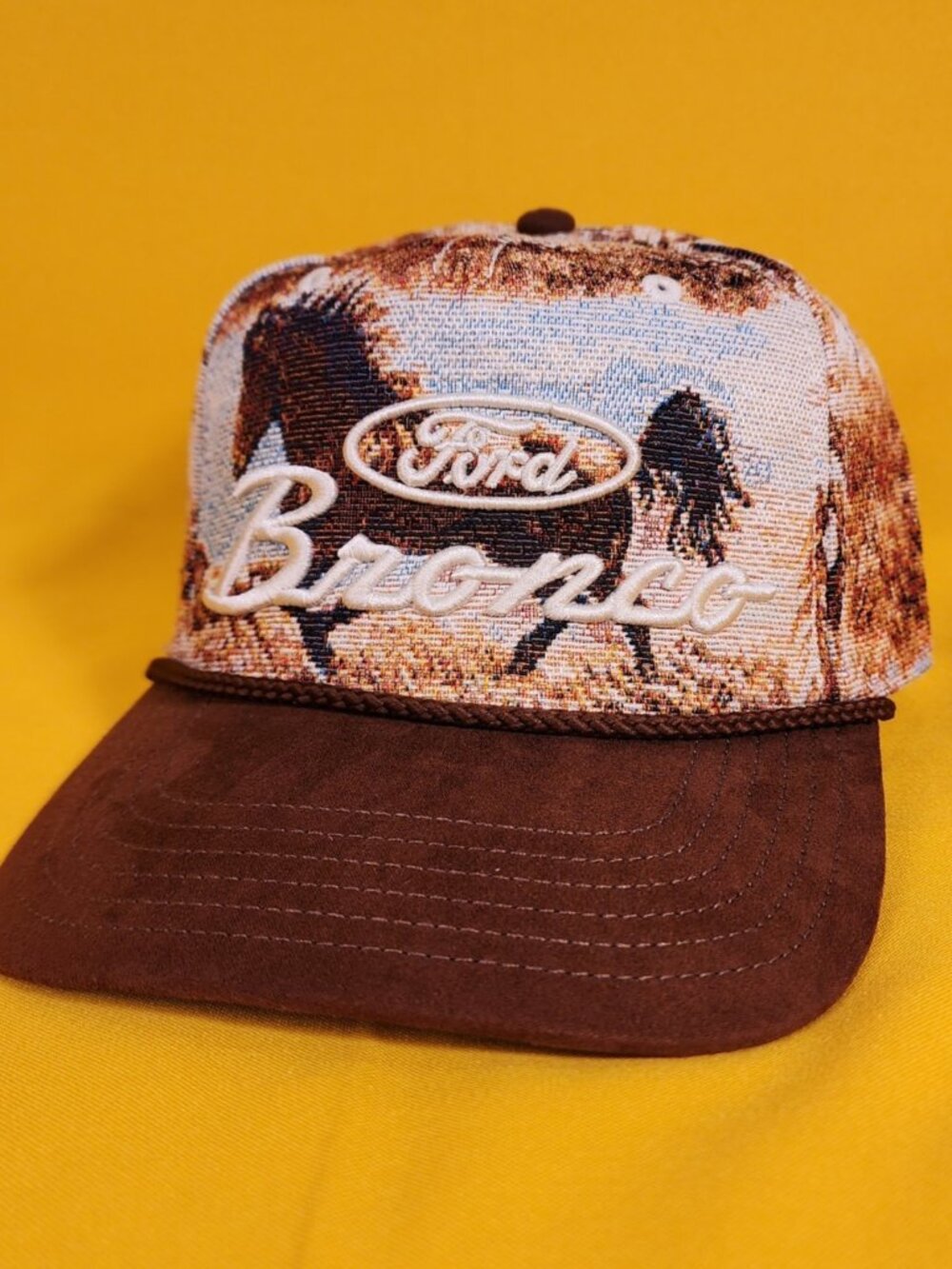 Ford Bronco Horse Embroidered Tapestry Snapback Hat Captain Rope Brown NEW